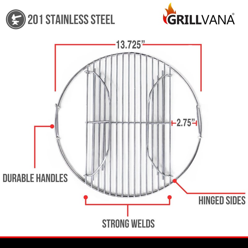 GRILLVANA 201 Stainless Steel Charcoal Grill Cooking Replacement Grate (ACTUAL DIAMETER 13.72 INCHES) With handles and hinges - Compatible with Weber 14" Smokey Joe - Image 2